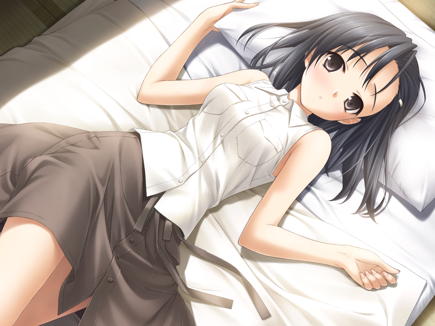 bed, black_hair, game_cg, hashimoto_takashi, kuranaga_kozue, short_hair, sphere, yosuga_no_sora
