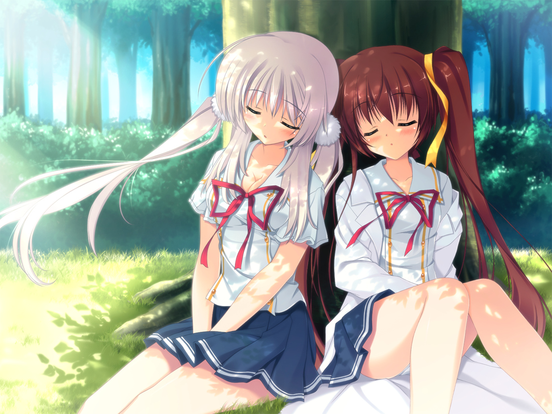 game_cg, grass, ooba_kagerou, sagara_maiko, school_uniform, sora_wo_tobu_mittsu_no_houhou, torii_karin, tree, twintails