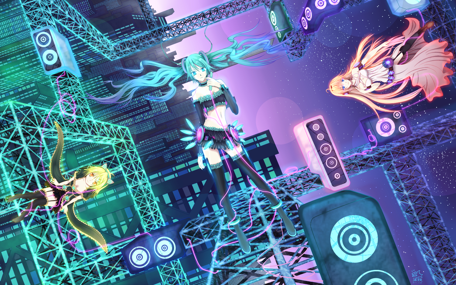 aqua_eyes, aqua_hair, blonde_hair, blue_eyes, hatsune_miku, kagamine_rin, langjiao, megurine_luka