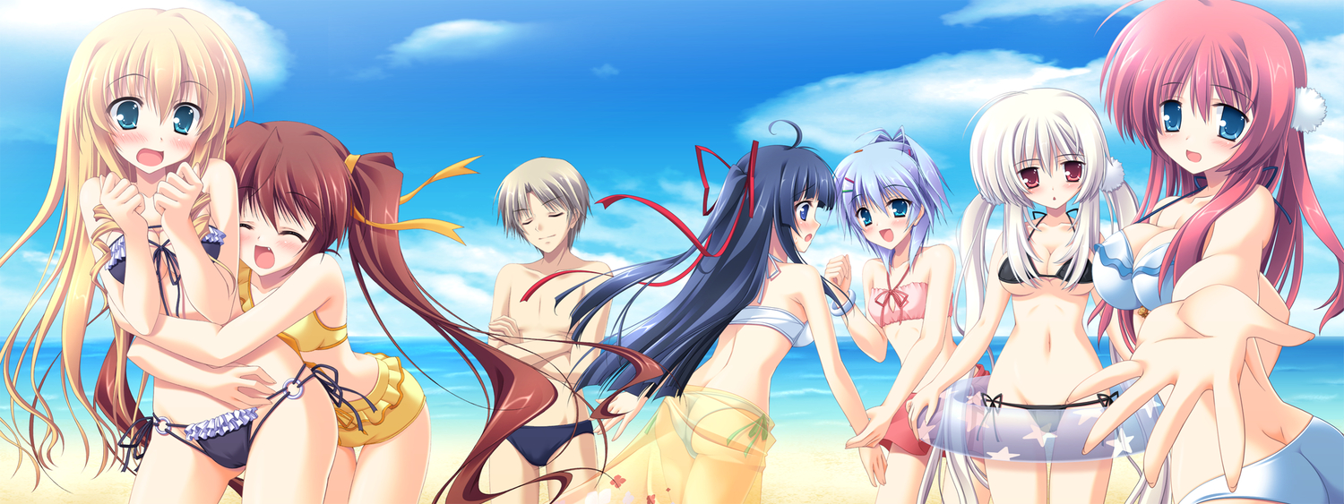 beach, bikini, breasts, cleavage, game_cg, group, male, ooba_kagerou, sagara_maiko, sora_wo_tobu_mittsu_no_houhou, suzushiro_akari, swimsuit, torii_karin, twintails