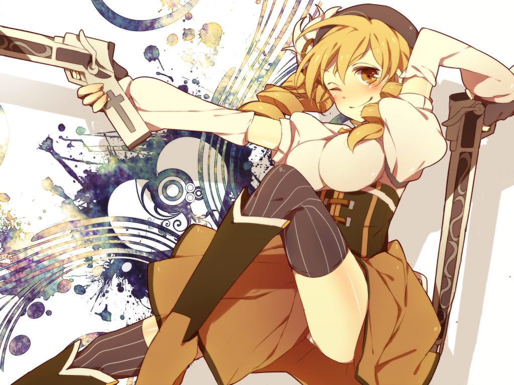 blonde_hair, boots, gun, hat, mahou_shoujo_madoka_magica, mugi_(twinbox), thighhighs, tomoe_mami, weapon, yellow_eyes
