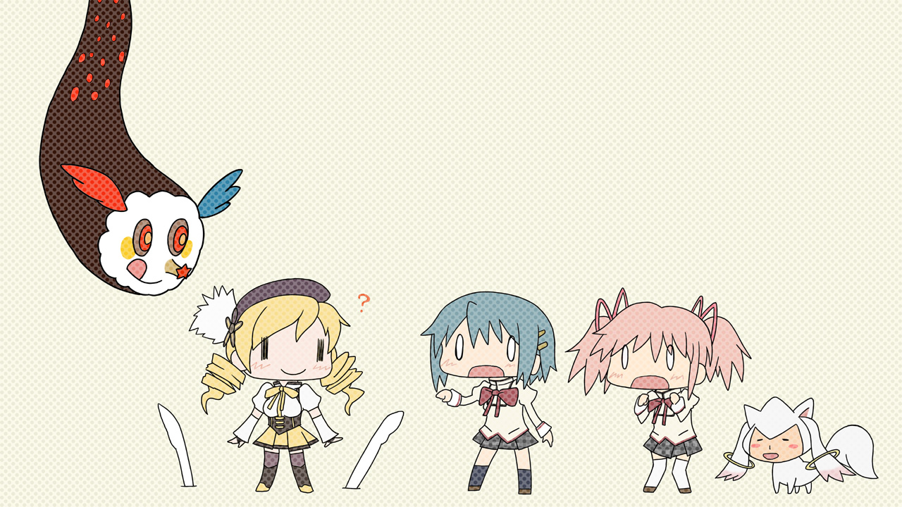 blonde_hair, blue_hair, boots, bow, charlotte_(mahou_shoujo_madoka_magica), group, hat, hidamari_sketch, kaname_madoka, kneehighs, kyuubee, mahou_shoujo_madoka_magica, miki_sayaka, oniyan, parody, pink_hair, ribbons, school_uniform, short_hair, thighhighs, tomoe_mami, twintails