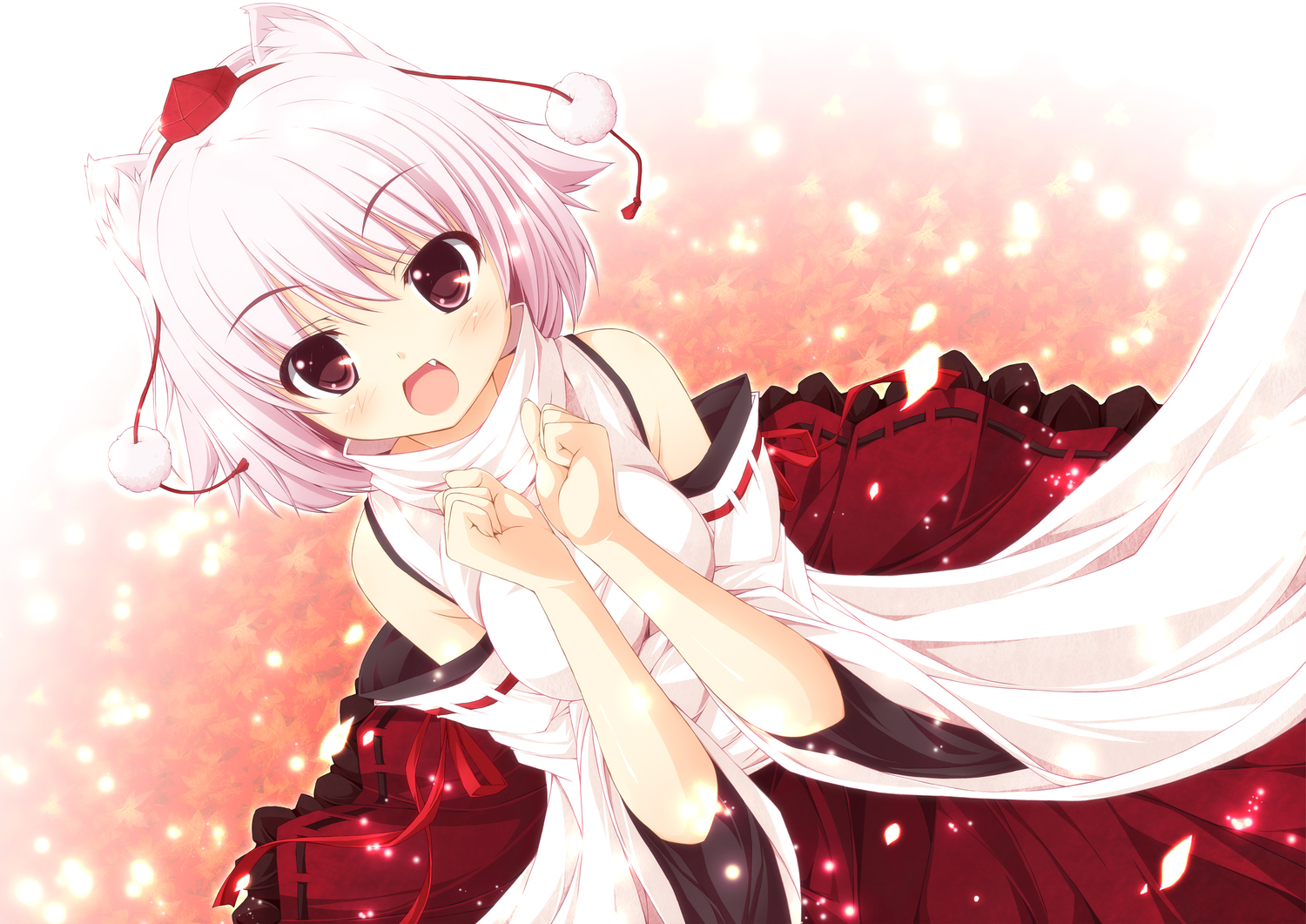 altivr, animal_ears, fang, hat, inubashiri_momiji, leaves, red_eyes, short_hair, touhou, white_hair, wolfgirl