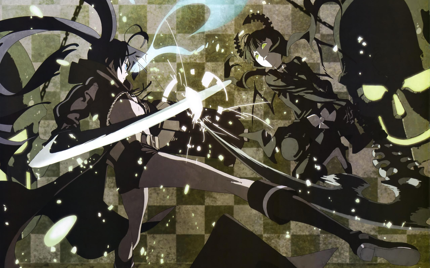2girls, black_hair, black_rock_shooter, green_eyes, gun, horns, jpeg_artifacts, kuroi_mato, long_hair, matsuo_yuusuke, scythe, skull, sword, takanashi_yomi, twintails, weapon