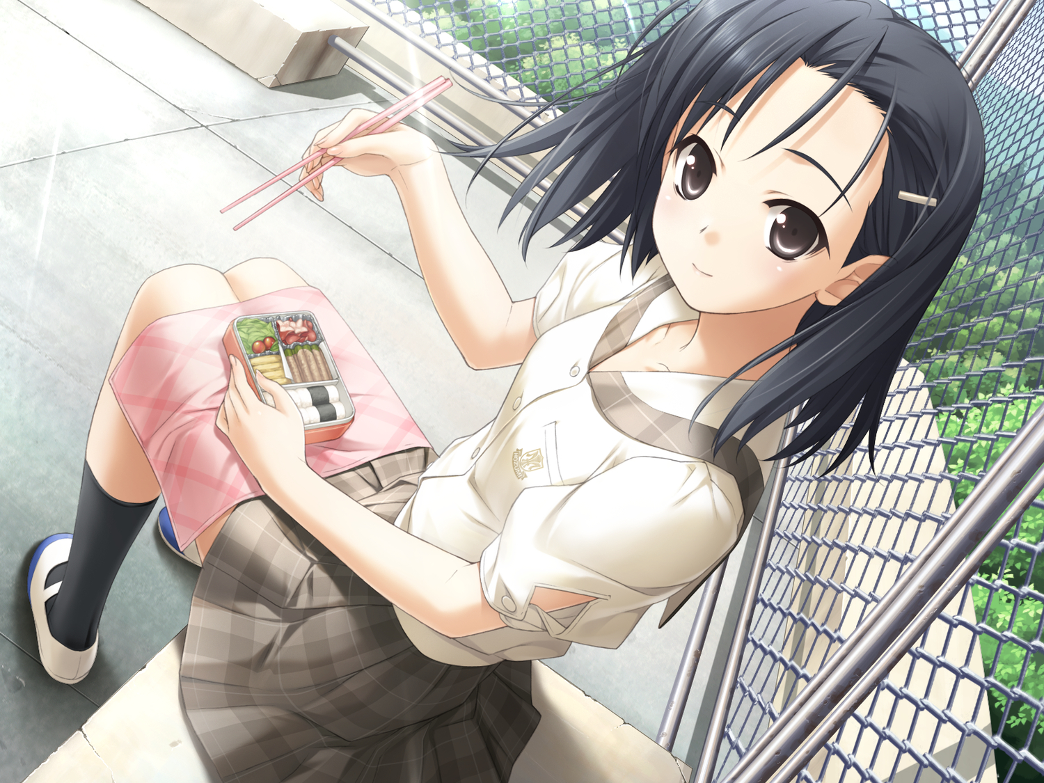 black_hair, food, game_cg, hashimoto_takashi, kuranaga_kozue, rooftop, school_uniform, short_hair