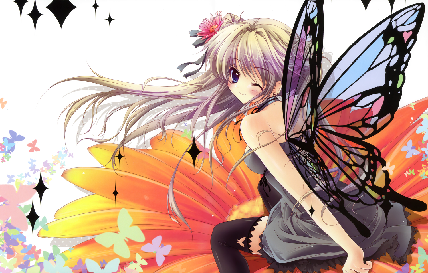 blue_eyes, brown_hair, fairy, flowers, hisuitei, izumi_tsubasu, original, scan, thighhighs, wings, wink