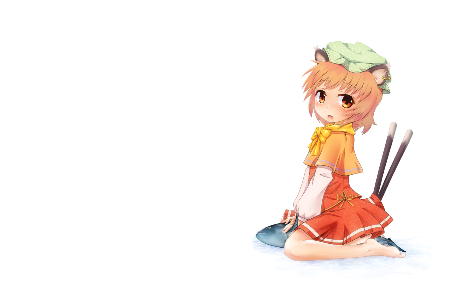 animal_ears, brown_hair, catgirl, chen, fai_(zigzagflamberge), fang, hat, red_eyes, short_hair, tail, touhou
