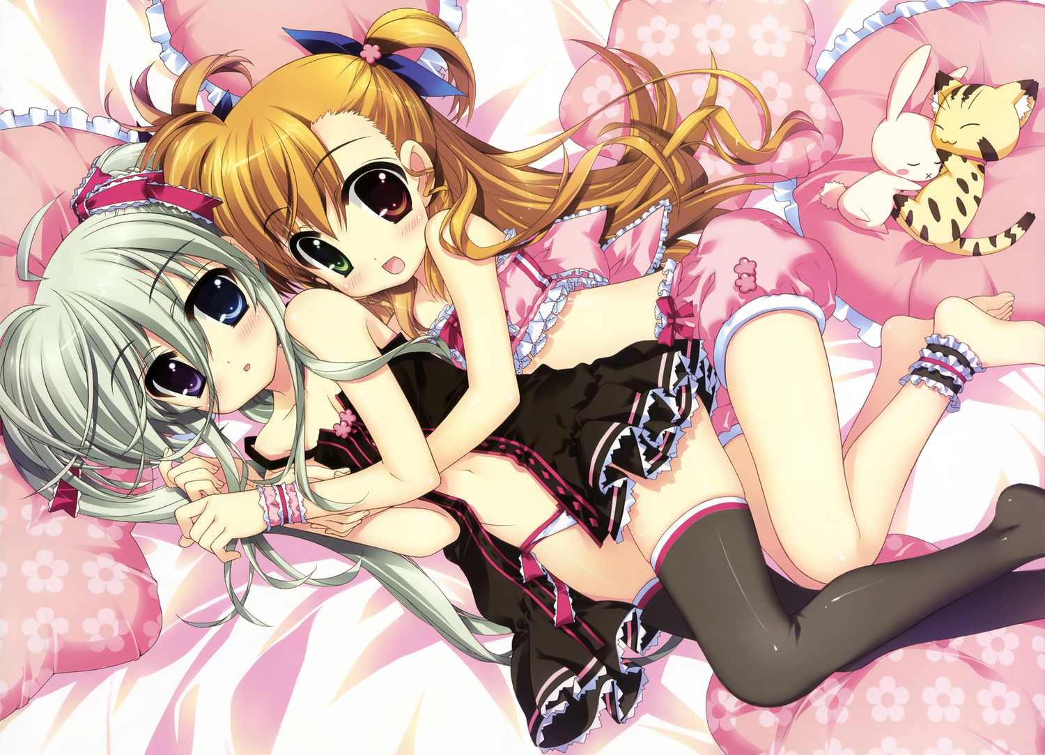 2girls, animal, bicolored_eyes, bunny, cat, einhart_stratos, fujima_takuya, loli, mahou_shoujo_lyrical_nanoha, mahou_shoujo_lyrical_nanoha_vivid, panties, takamachi_vivio, thighhighs, underwear