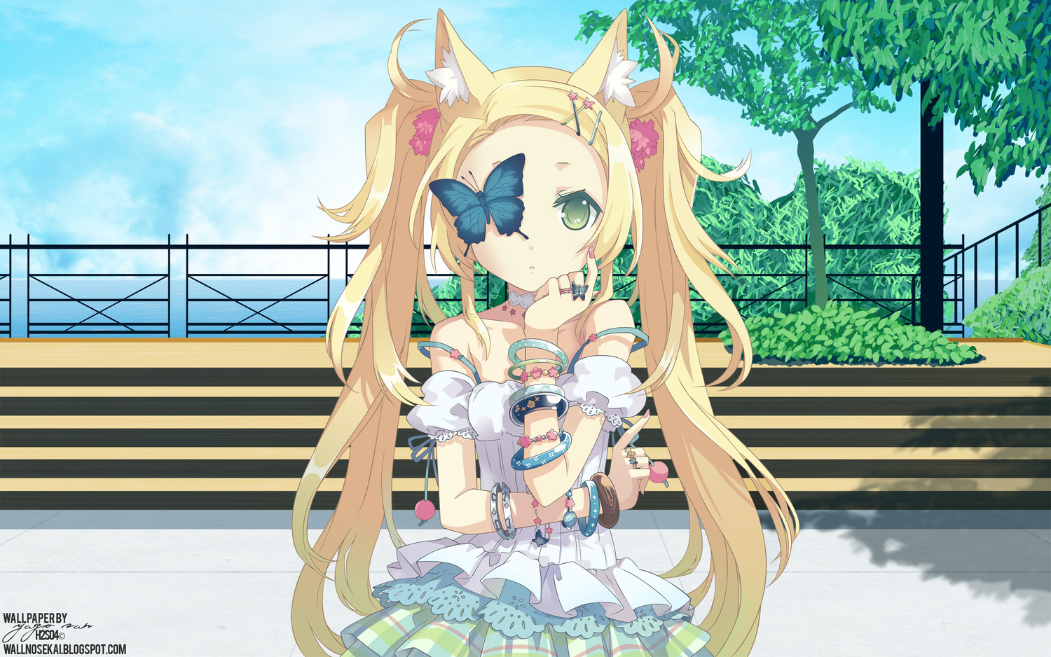 animal, animal_ears, blonde_hair, butterfly, catgirl, dress, green_eyes, h2so4, island_of_horizon, tagme, third-party_edit, tree, twintails