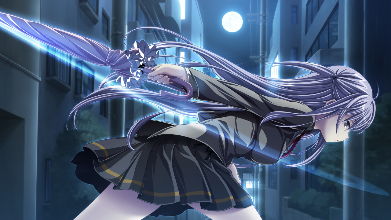game_cg, hatsukoi_sacrament, moon, night, purple_hair, purple_software, school_uniform, skirt, tagme, tagme_(artist), umbrella, yazaki_hoshimi