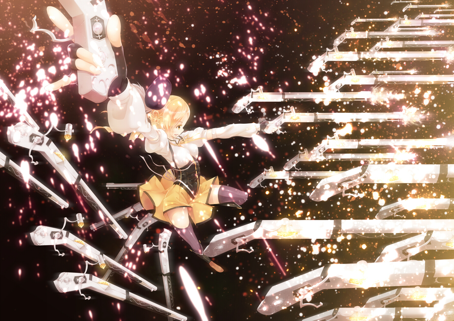 blonde_hair, boots, gloves, gun, hat, mahou_shoujo_madoka_magica, parody, ryouku
