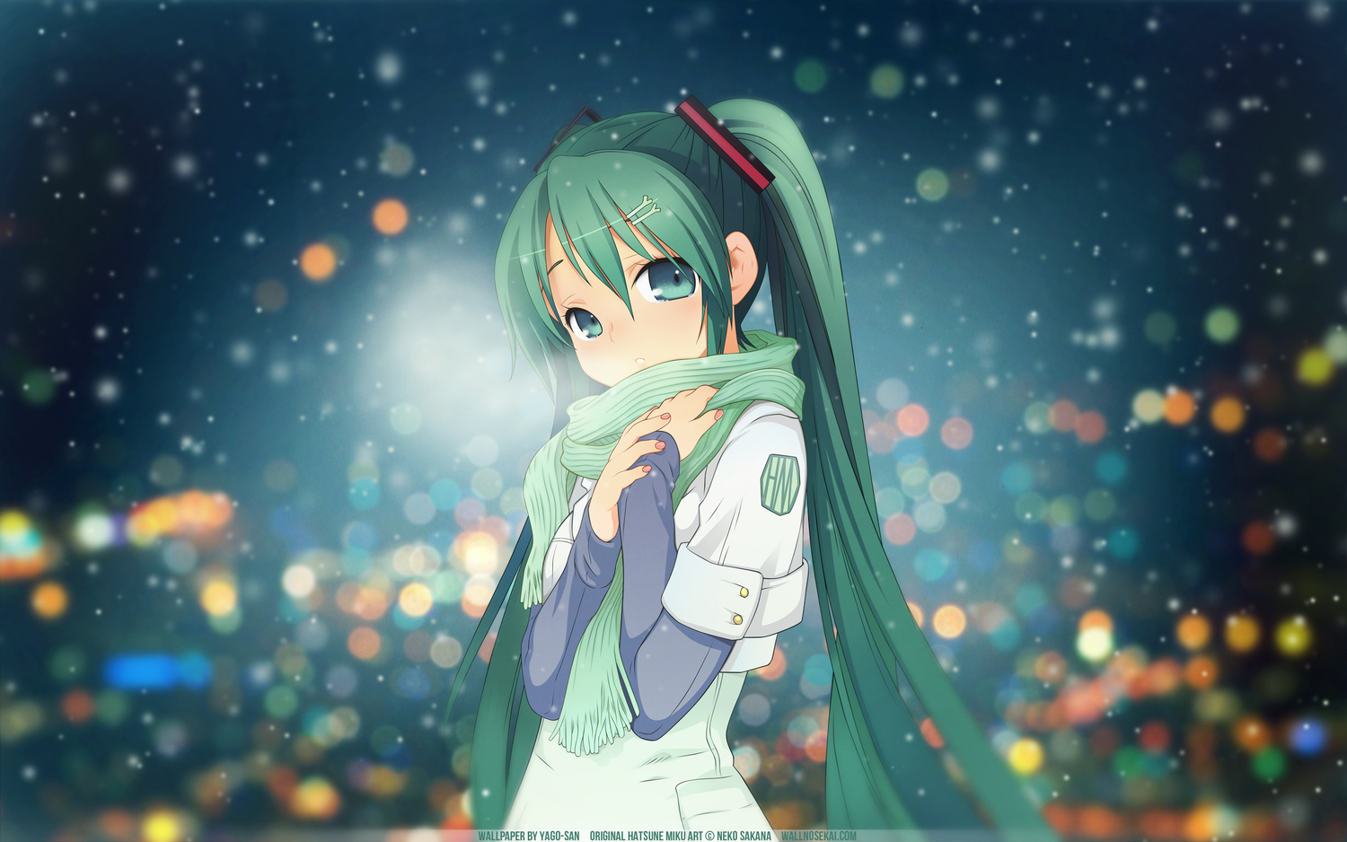 aqua_eyes, aqua_hair, hatsune_miku, long_hair, neko_sakana, scarf, snow, tears, third-party_edit, twintails, vocaloid, watermark