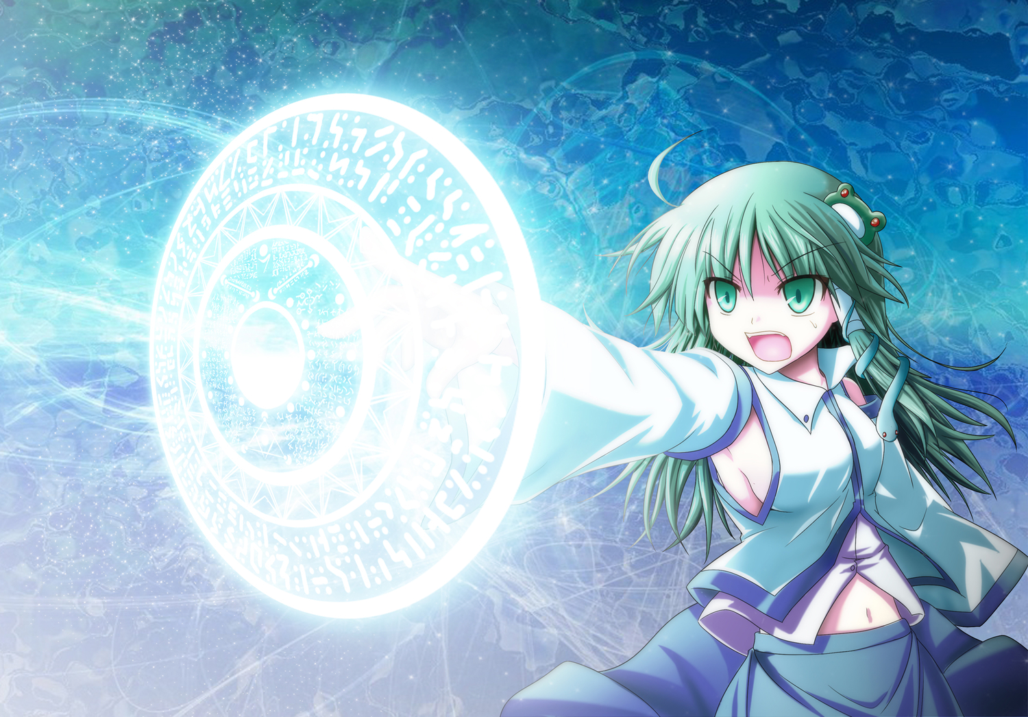 breasts, green_eyes, green_hair, japanese_clothes, jpeg_artifacts, kochiya_sanae, long_hair, magic, miko, navel, sideboob, skirt, taiga_(natsu_hotaru), touhou