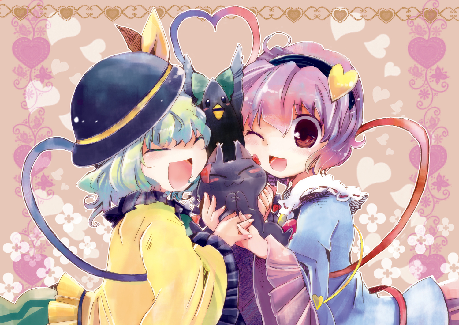 animal, bird, blush, cat, cat_smile, green_hair, hat, kaenbyou_rin, komeiji_koishi, komeiji_satori, pink_hair, reiuji_utsuho, short_hair, suzune_yuuji, touhou