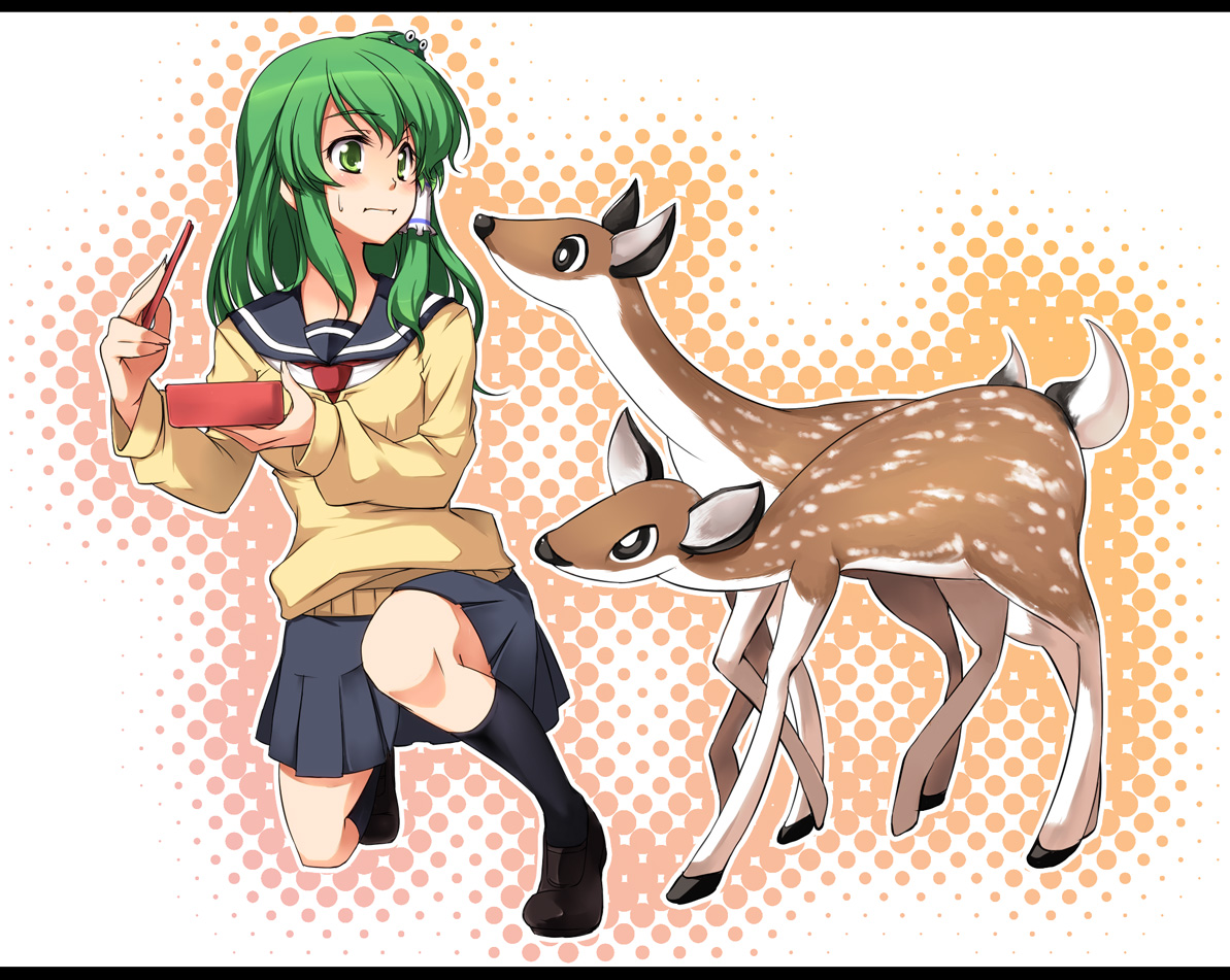 green_eyes, green_hair, hirase_yuu, kochiya_sanae, long_hair, school_uniform, touhou