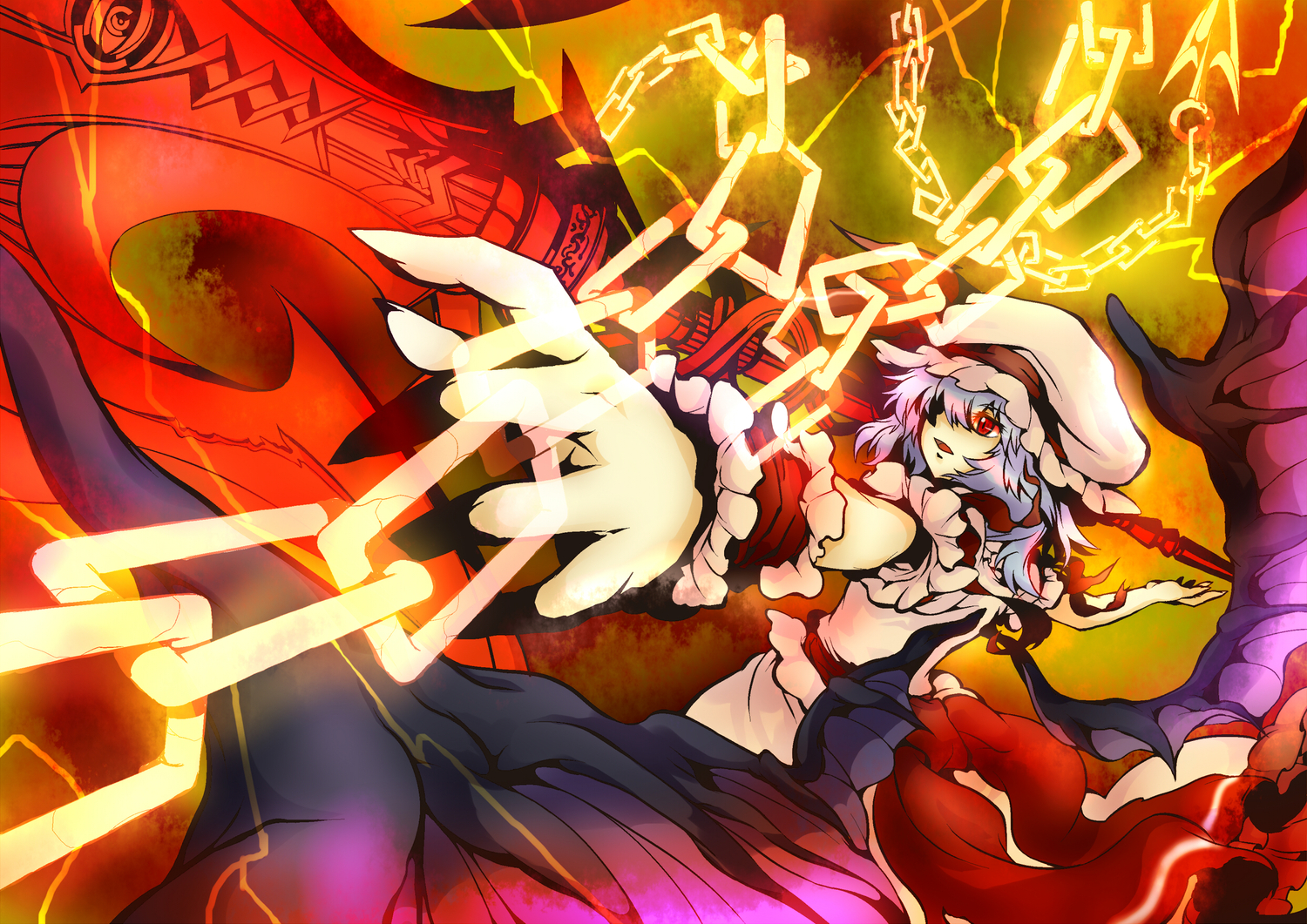 blue_hair, chain, hat, red_eyes, remilia_scarlet, touhou, vampire, weapon, wings, yagimiwa