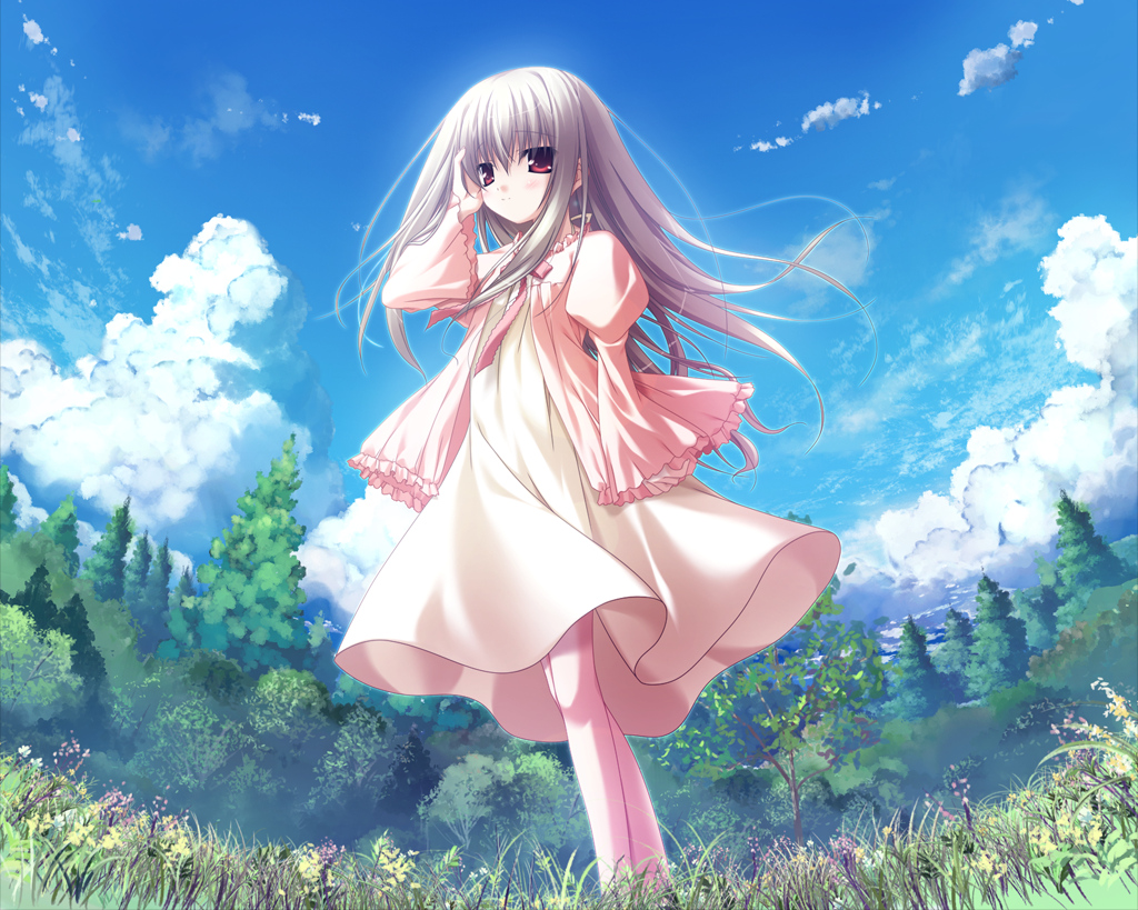 chikotam, dress, eden, game_cg, grass, red_eyes, shion, sky