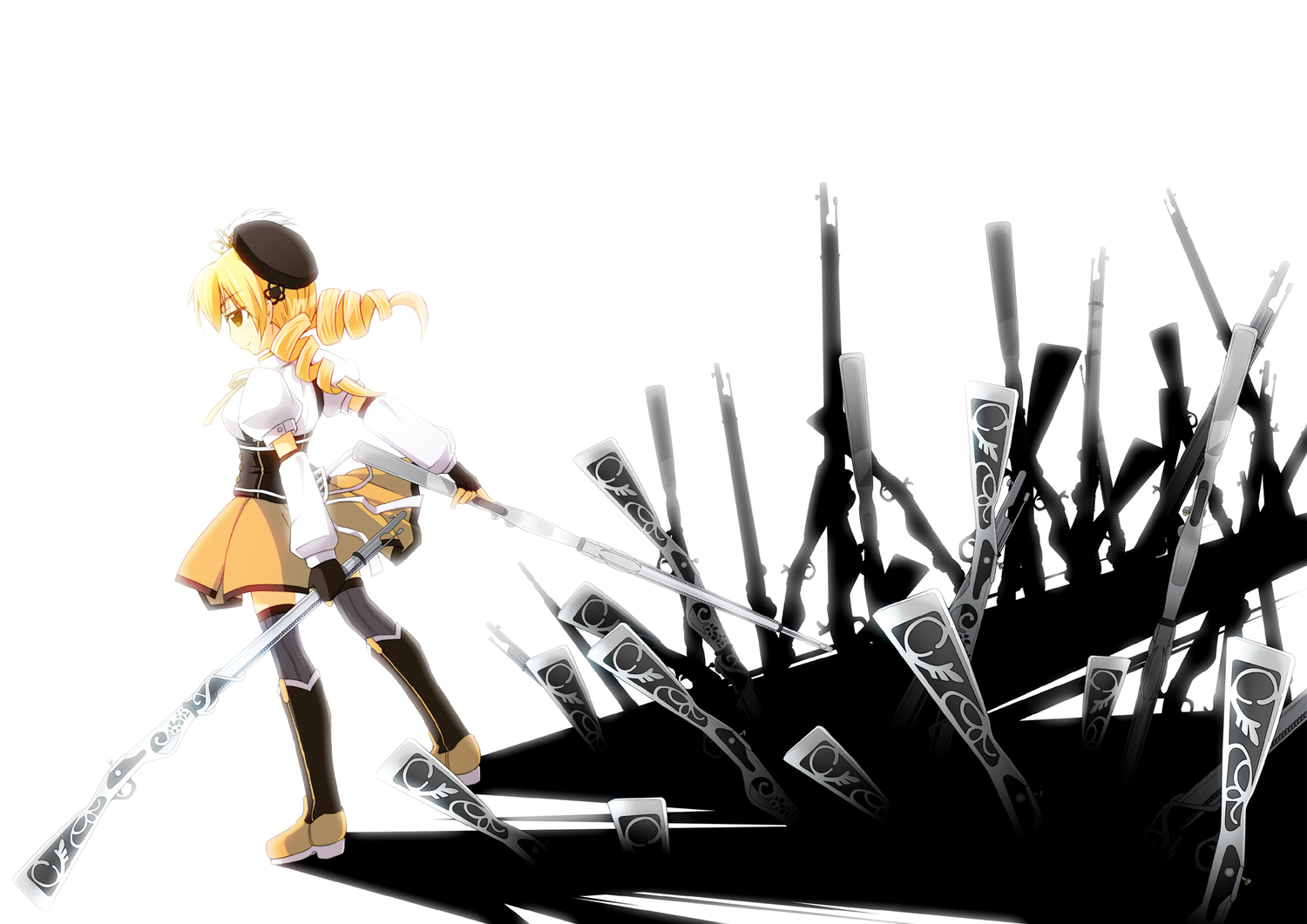 blonde_hair, boots, gloves, gun, hat, konoe_yuba, mahou_shoujo_madoka_magica, short_hair, thighhighs, tomoe_mami, twintails, weapon, yellow_eyes
