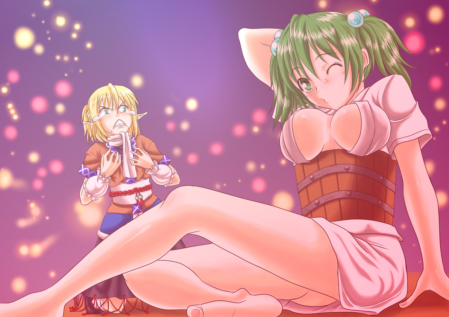 blonde_hair, blush, breasts, green_eyes, green_hair, kisume, mizuhashi_parsee, open_shirt, pointed_ears, shiba_meiji, short_hair, touhou