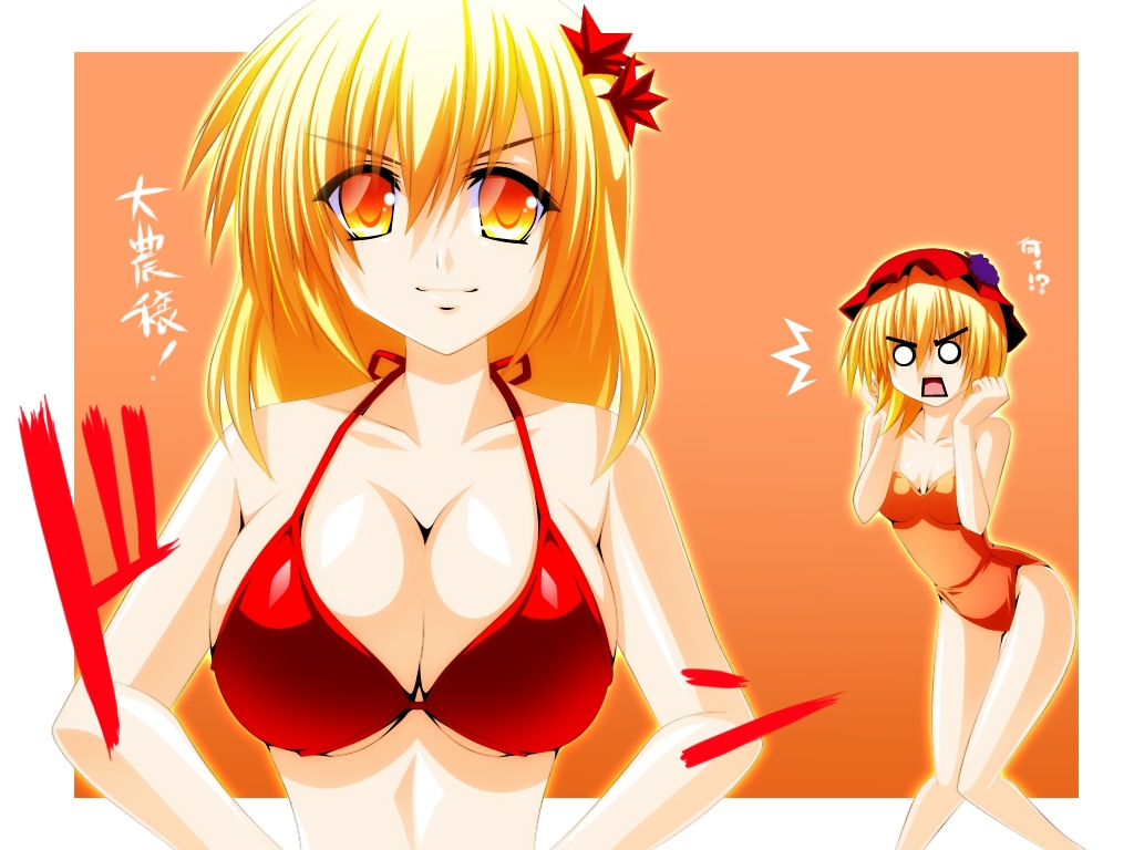 2girls, aki_minoriko, aki_shizuha, bikini, blonde_hair, breasts, cleavage, engo_(aquawatery), orange_eyes, swimsuit, touhou
