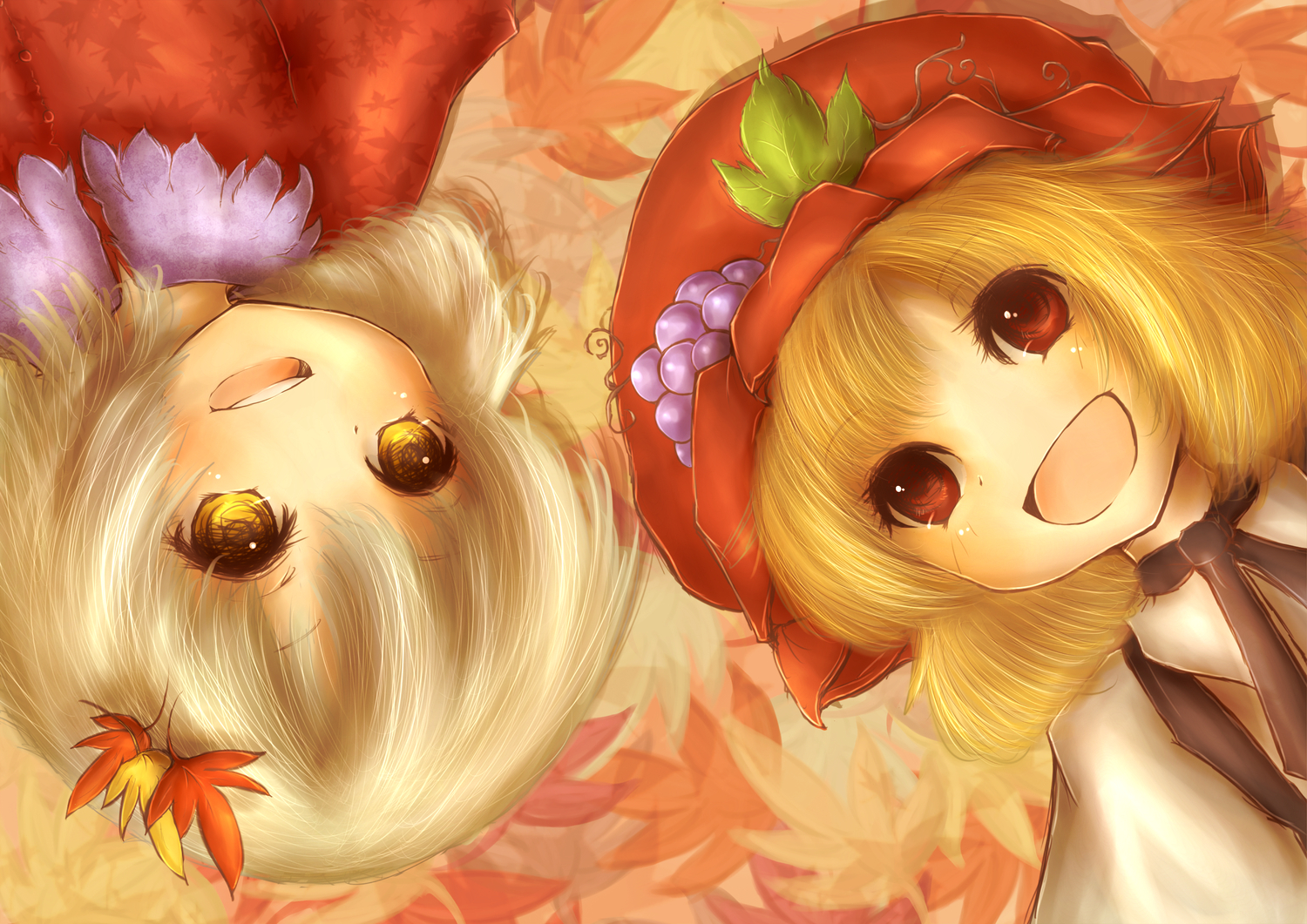 2girls, aki_minoriko, aki_shizuha, amanojaku, blush, hat, touhou