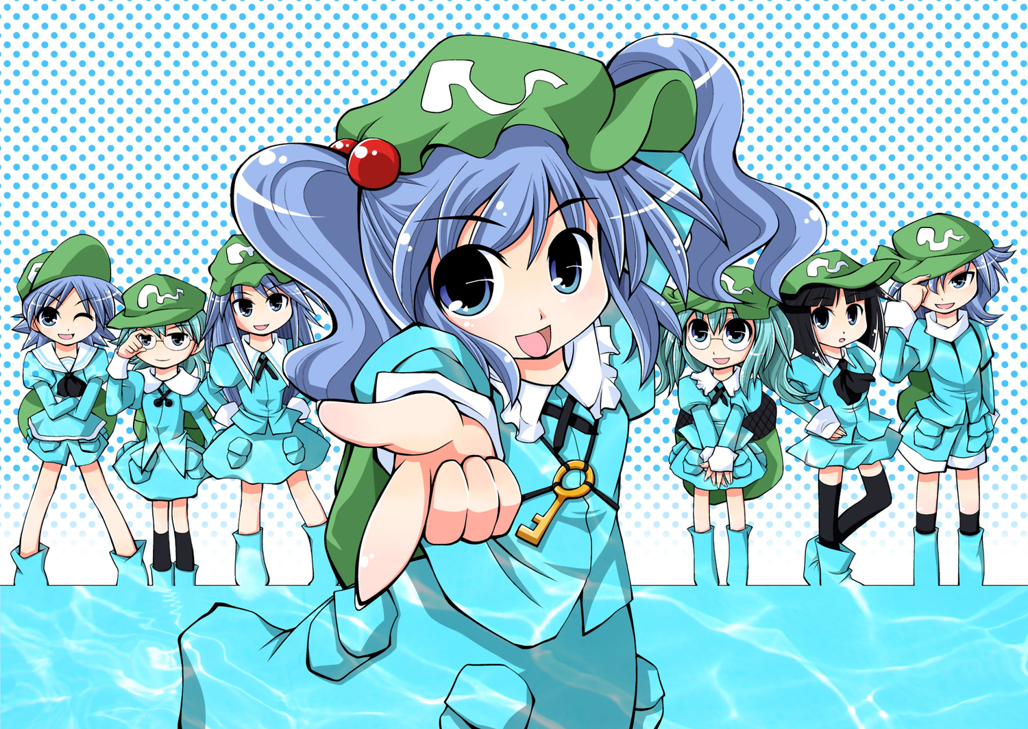 ayumi_tooru, black_hair, blue_eyes, blue_hair, glasses, hat, kawashiro_nitori, long_hair, short_hair, touhou, twintails