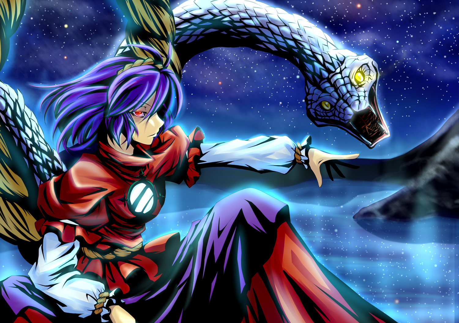 animal, koji_(koji-a), purple_hair, red_eyes, short_hair, snake, touhou, yasaka_kanako, yellow_eyes