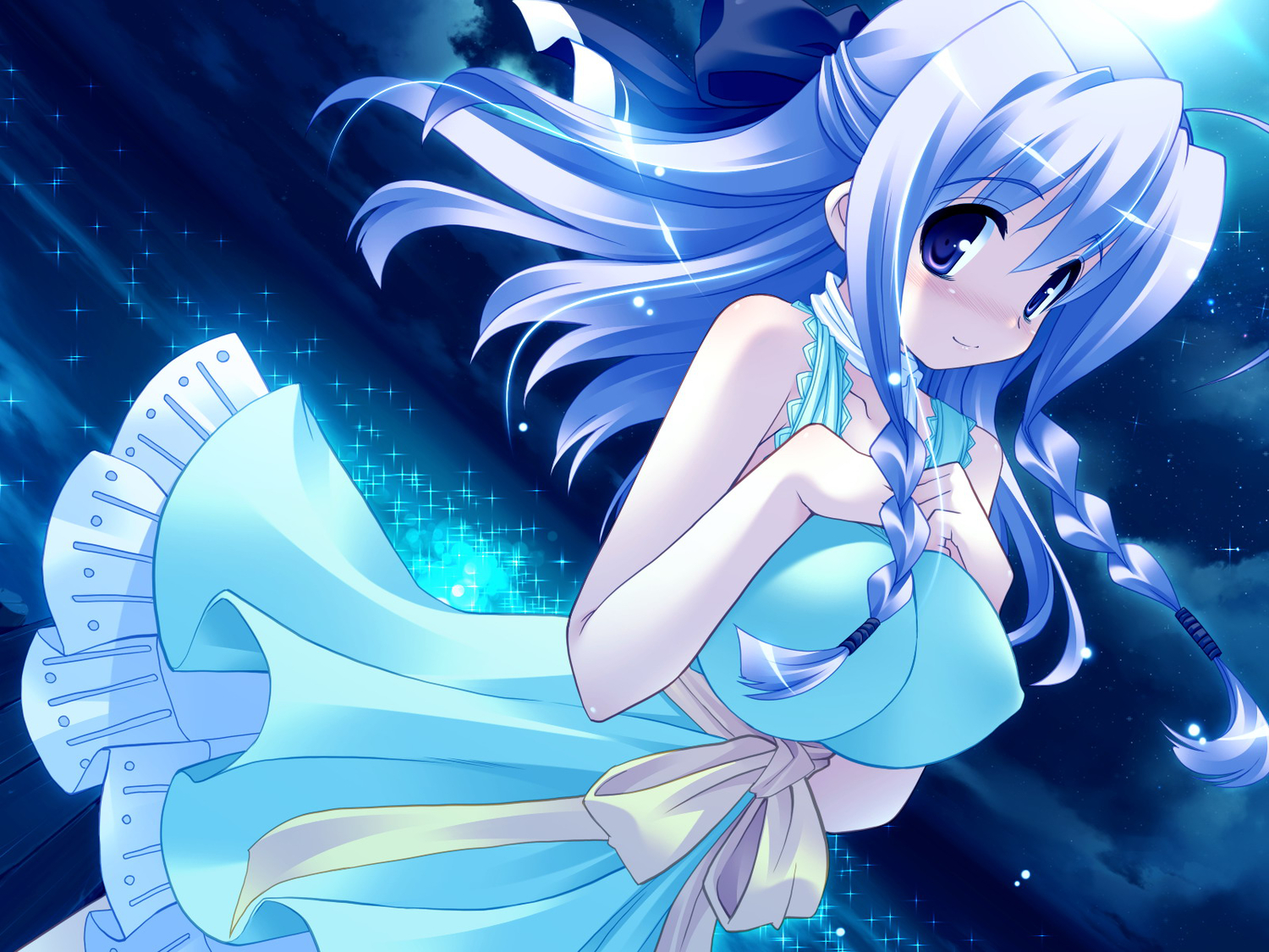 blue_eyes, blue_hair, blush, dress, game_cg, lime_luna_oaklane, night, primary_~magical_trouble_scramble~, skyfish, tsurugi_hagane