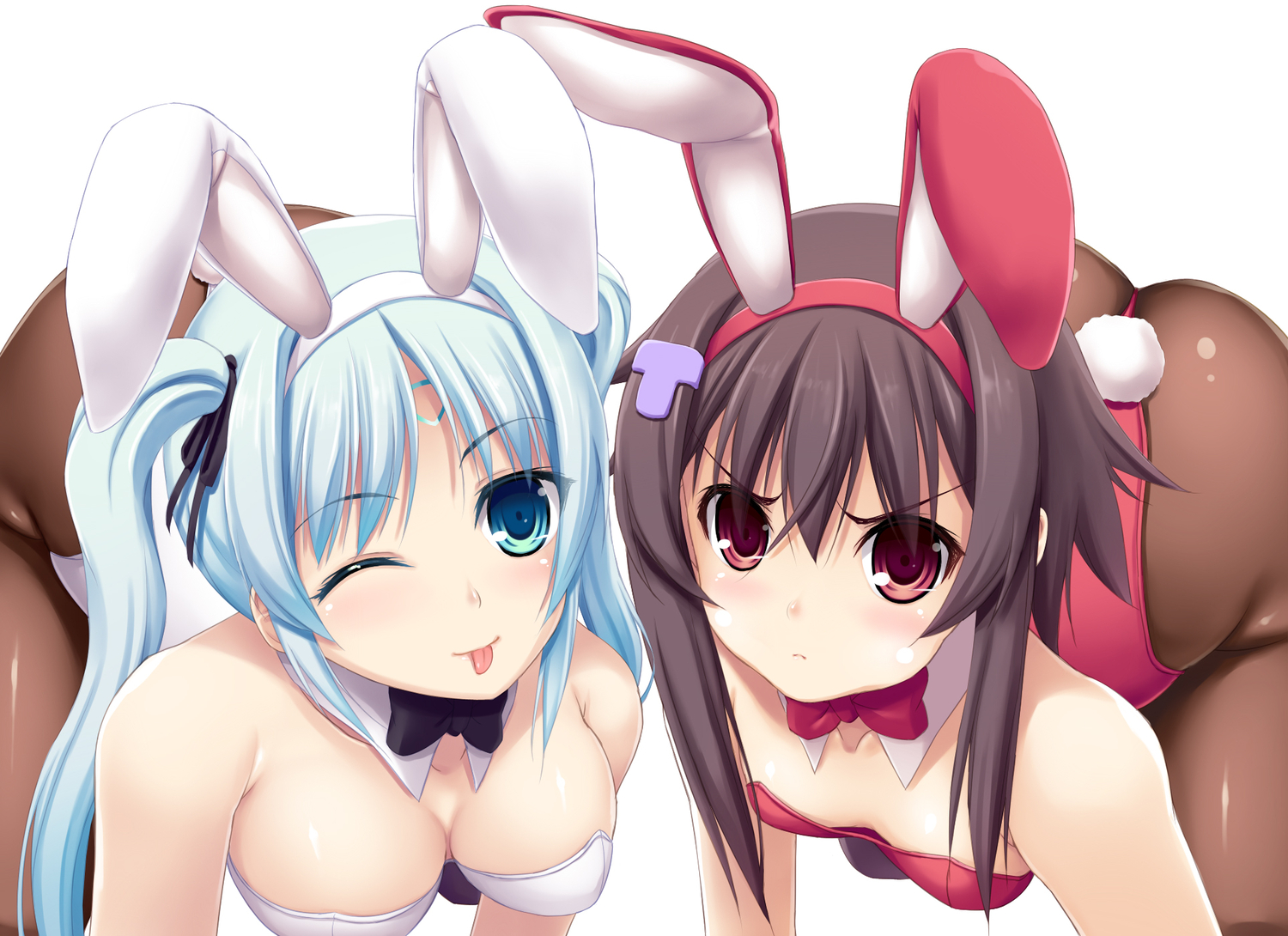 animal_ears, blue_hair, breasts, bunny_ears, bunnygirl, cleavage, fujirin, pantyhose, twintails, white