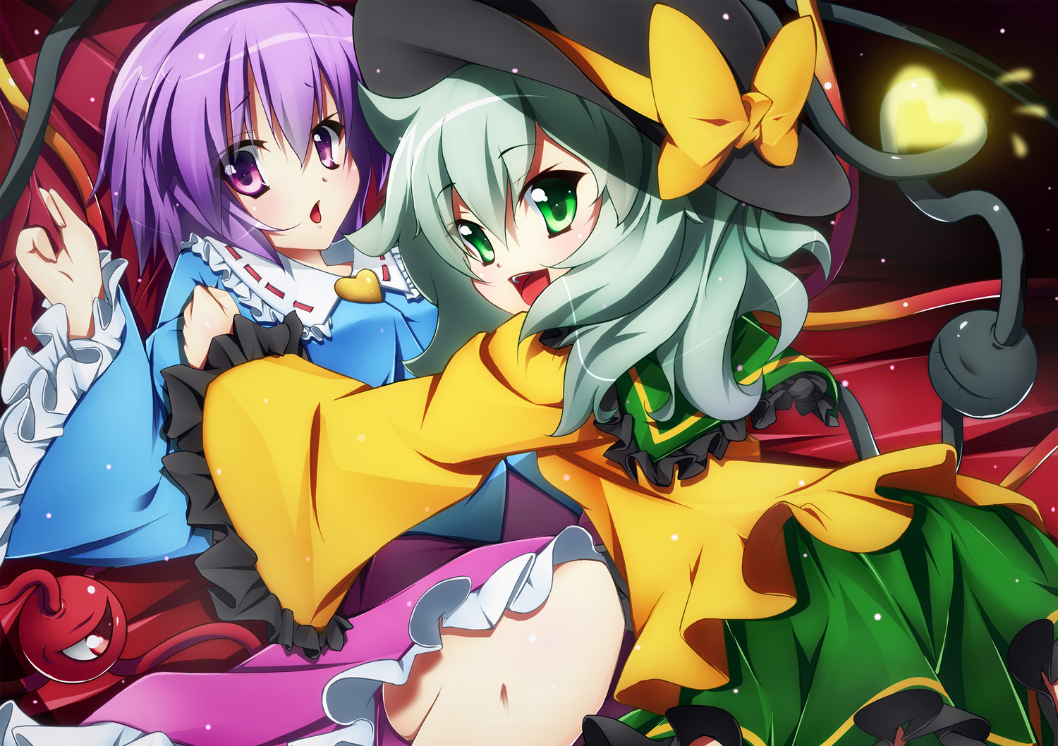 2girls, akishisu_(air_balance), green_eyes, green_hair, hat, komeiji_koishi, komeiji_satori, purple_eyes, purple_hair, short_hair, touhou