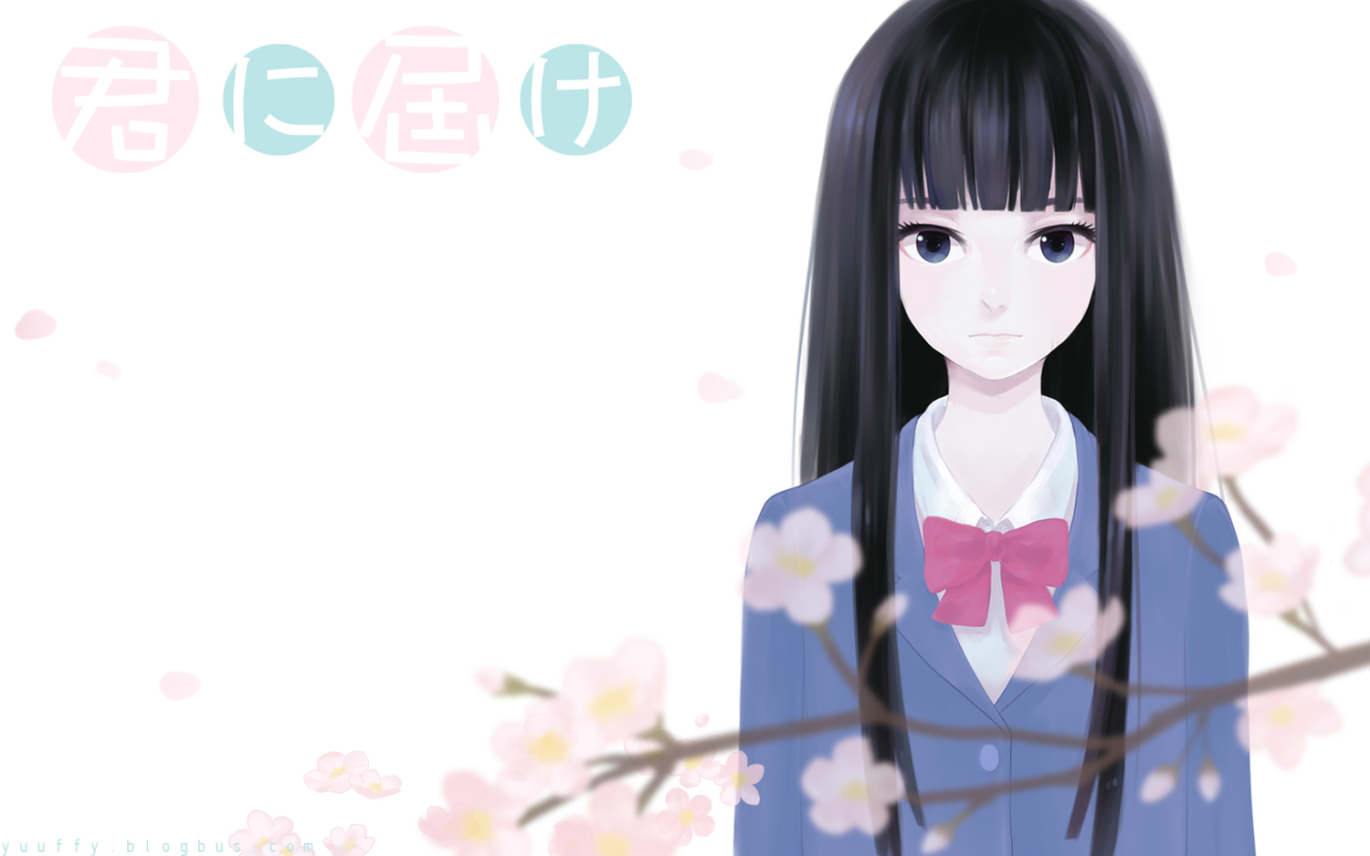black_hair, blue_eyes, bow, flowers, kimi_ni_todoke, kuronuma_sawako, long_hair, white