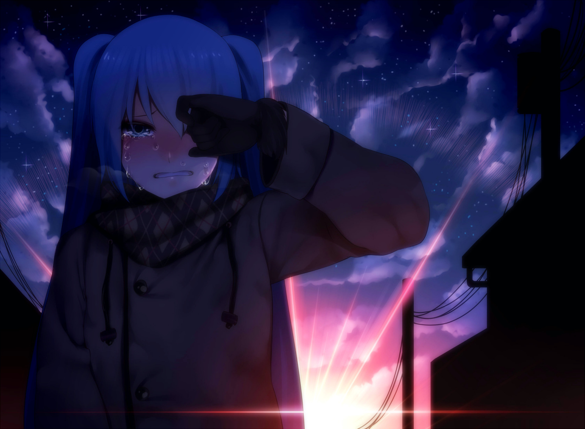 crying, gloves, hatsune_miku, rby, scarf, sunset, tears, twintails