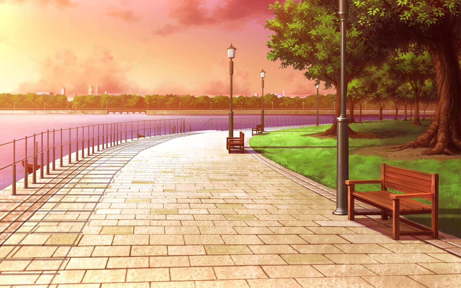 game_cg, landscape, no_humans, scenic, shukufuku_no_campanella, sunset, tree, water, windmill_oasis