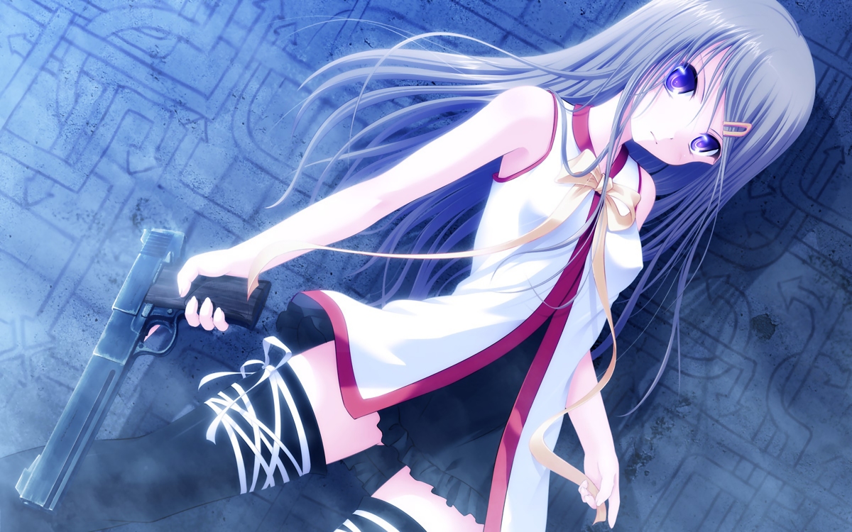blue_hair, gun, long_hair, original, purple_eyes, ribbons, thighhighs, weapon, yuunagi_yuu