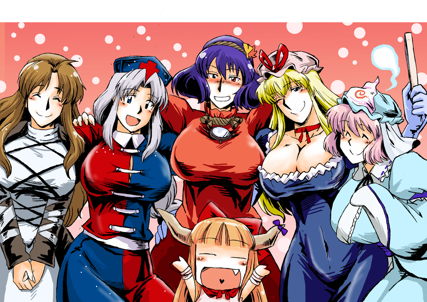 azuki_osamitsu, blonde_hair, breasts, brown_hair, cleavage, fang, gray_hair, hijiri_byakuren