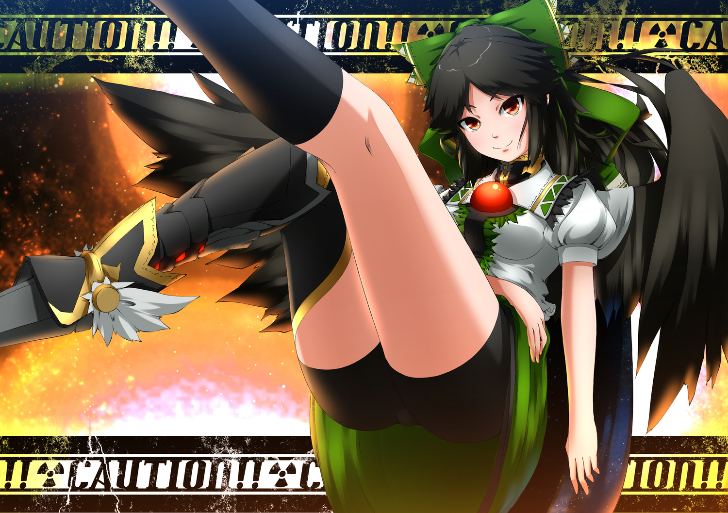 black_hair, hullzion, long_hair, reiuji_utsuho, thighhighs, touhou, wings
