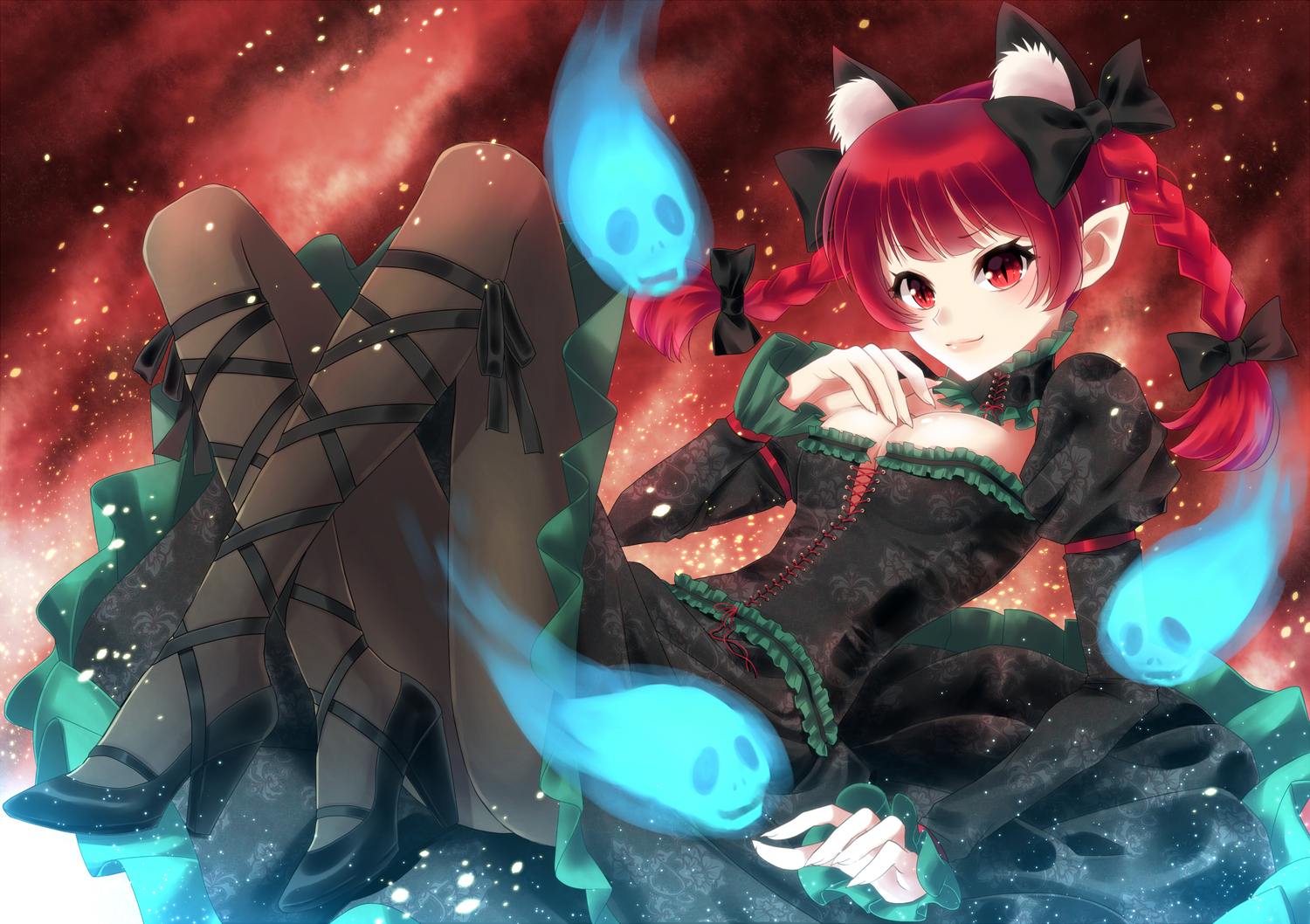 animal_ears, catgirl, kaenbyou_rin, nunucco, pantyhose, pointed_ears, red_eyes, red_hair, short_hair, touhou, twintails