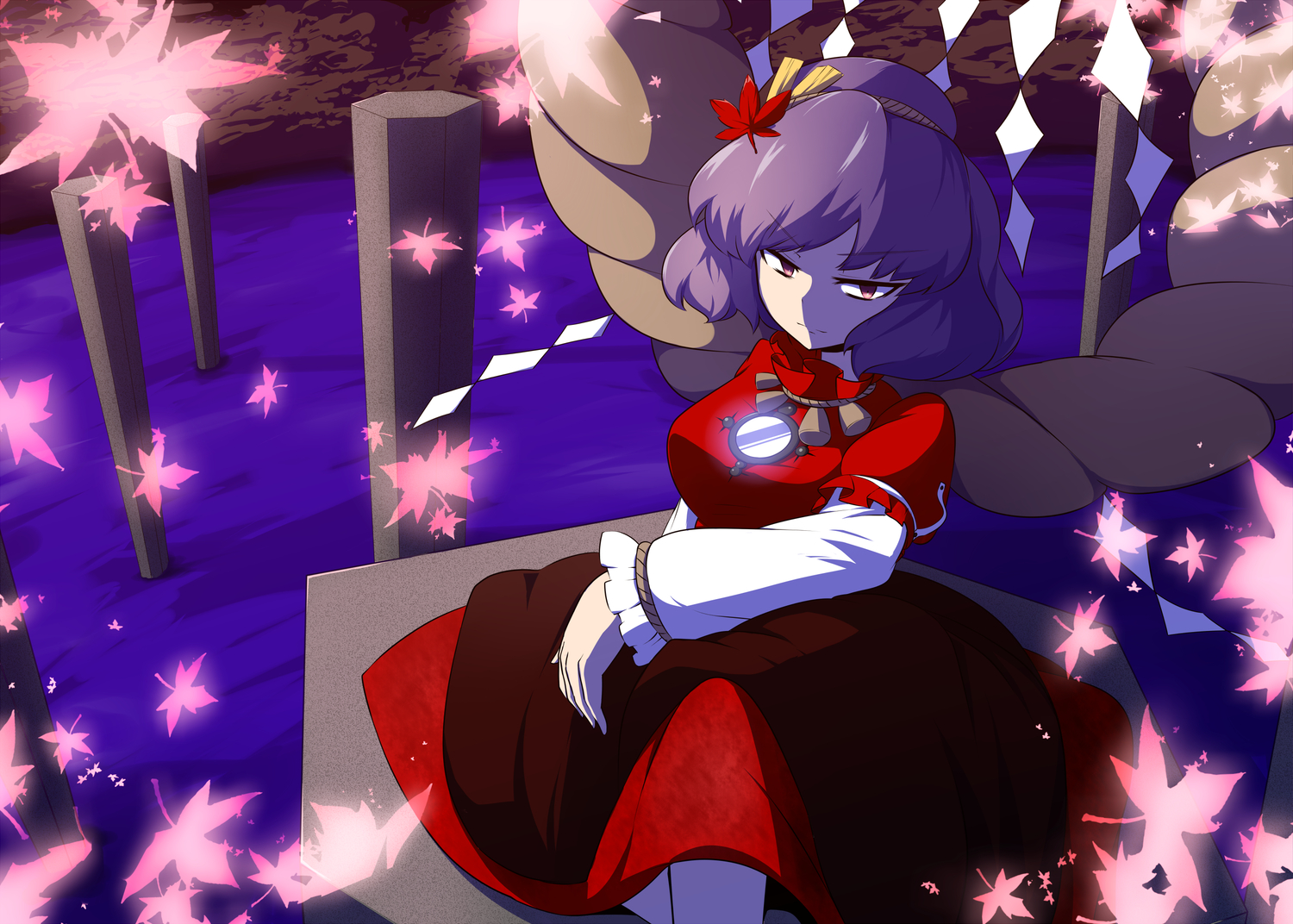 aho, leaves, purple_hair, red_eyes, short_hair, touhou, yasaka_kanako