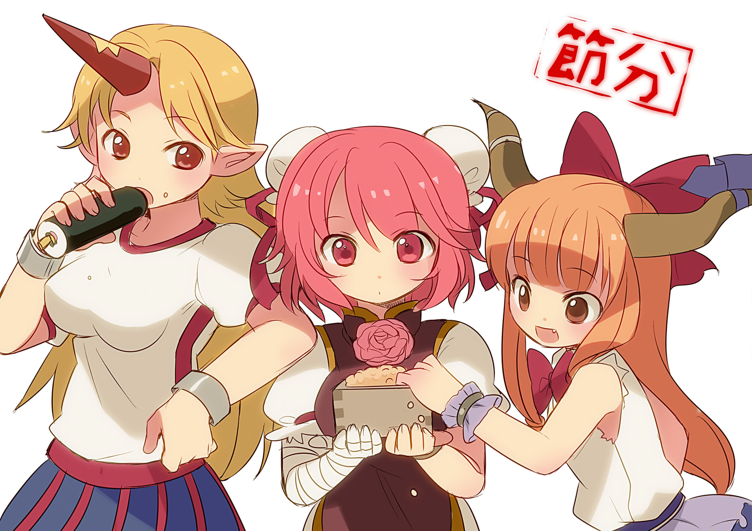 blonde_hair, bow, chaba_(hortensia), horns, hoshiguma_yuugi, ibaraki_kasen, ibuki_suika, long_hair, orange_hair, pink_eyes, pink_hair, pointed_ears, red_eyes, short_hair, touhou