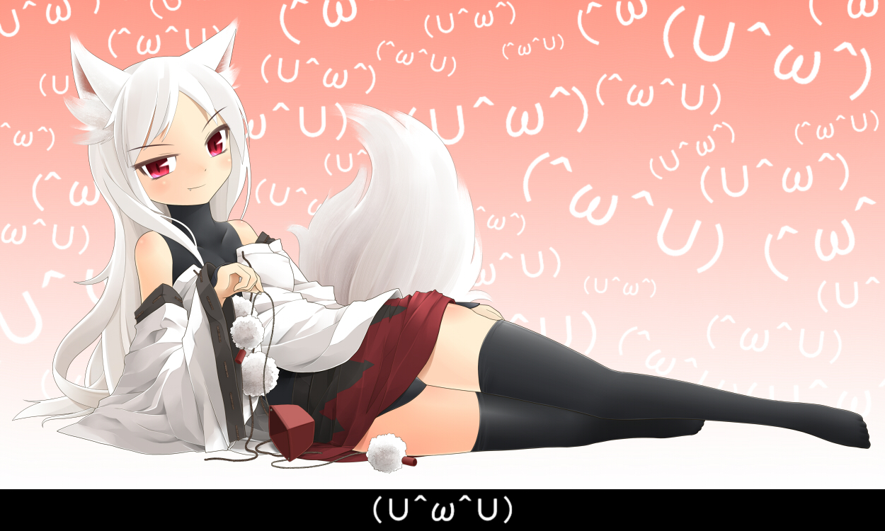 animal_ears, gradient, inubashiri_momiji, red_eyes, rupa, short_hair, tail, thighhighs, touhou, white_hair, wolfgirl