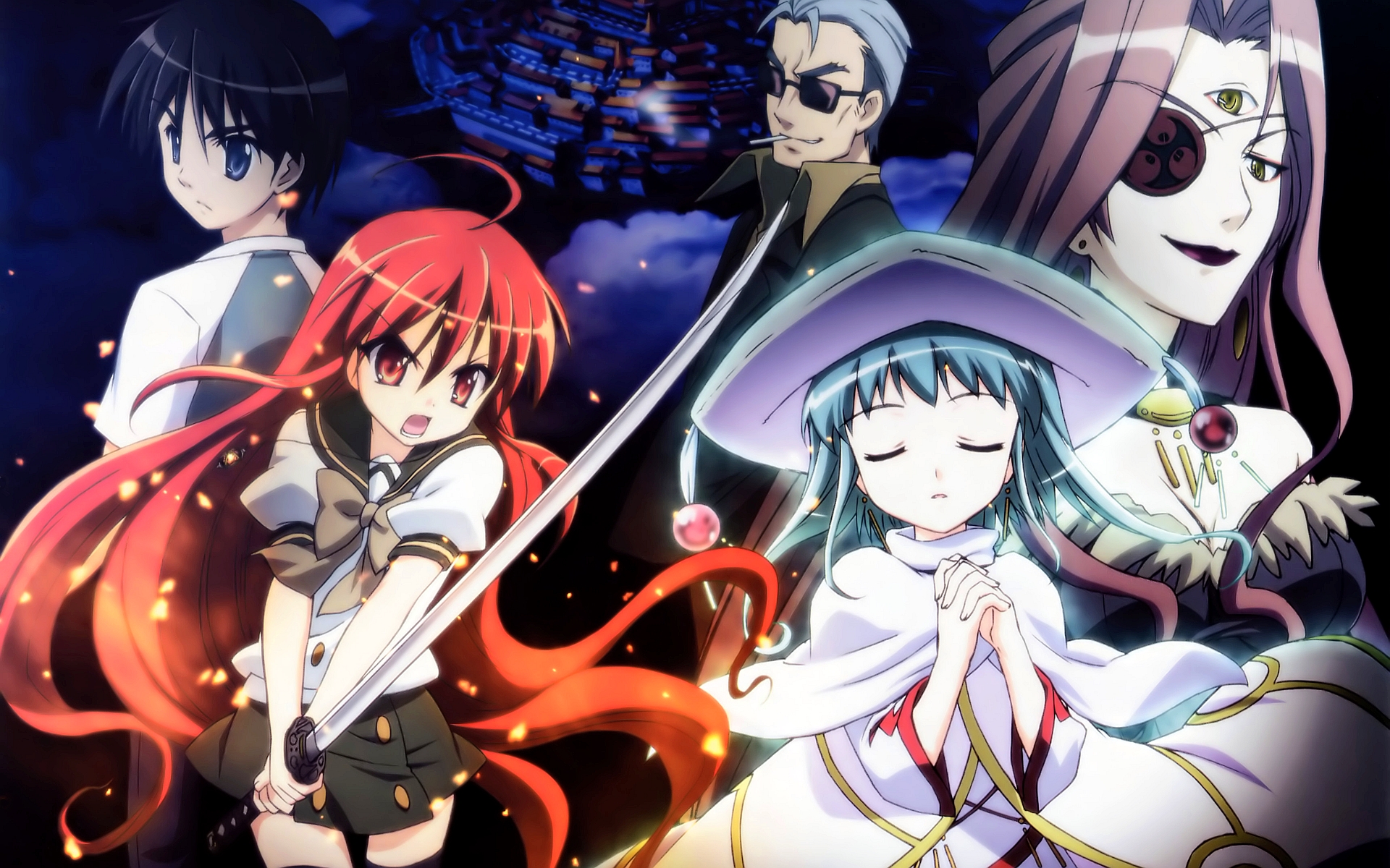 bel_peol, cigarette, eyepatch, glasses, hecate, red_eyes, red_hair, sakai_yuuji, school_uniform, shakugan_no_shana, shana, sword, sydonay, weapon