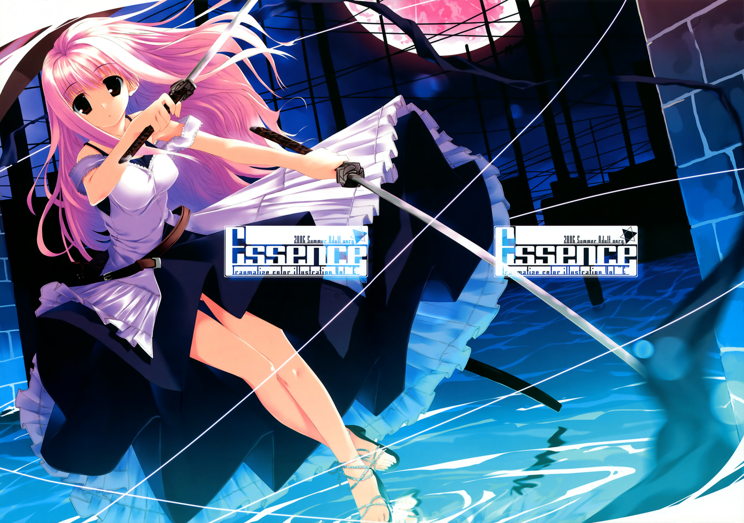 kagome, katana, moon, pink_hair, scan, sword, traumatize, water, weapon