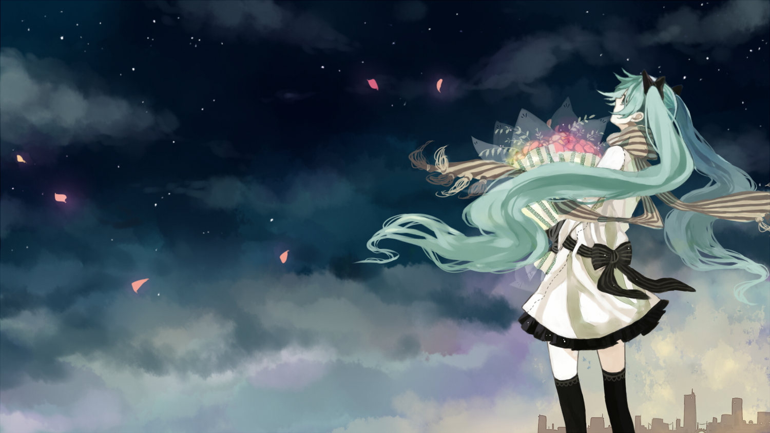 anbivarens, aqua_hair, building, city, clouds, dress, hatsune_miku, long_hair