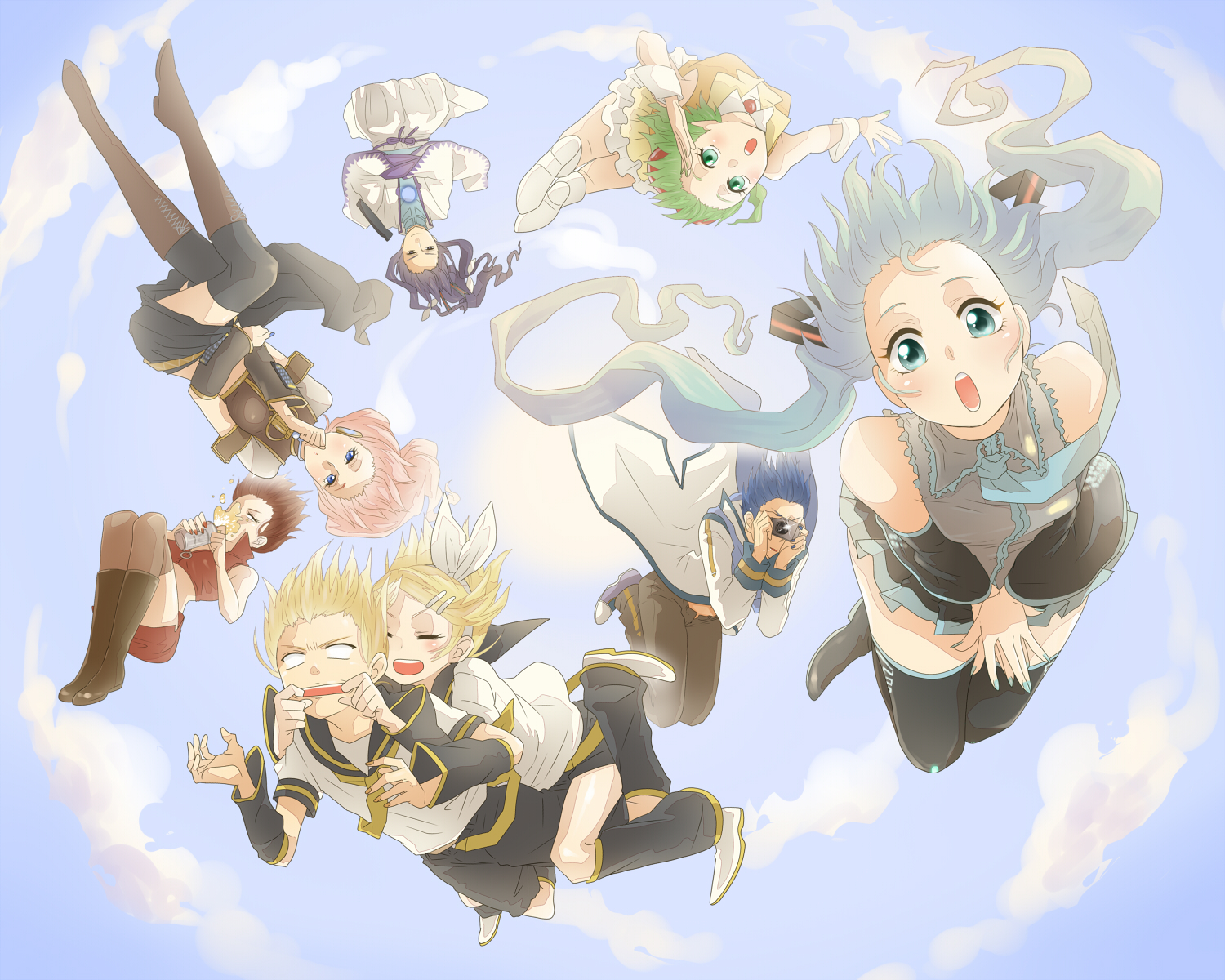 camera, group, gumi, hatsune_miku, kagamine_len, kagamine_rin, kaito, kamui_gakupo, male, megurine_luka, meiko, sky, thighhighs, twintails, tyanpon, vocaloid