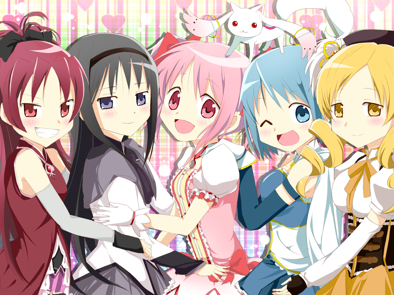 akemi_homura, black_hair, blonde_hair, blue_eyes, blue_hair, dress, gloves, group, hat, headband, kaname_madoka, kyuubee, long_hair, mahou_shoujo_madoka_magica, miki_sayaka, pink_eyes, pink_hair, purple_eyes, red_eyes, red_hair, ribbons, sakura_kyouko, sayaka_(ponkichi), school_uniform, short_hair, tomoe_mami, twintails, yellow_eyes