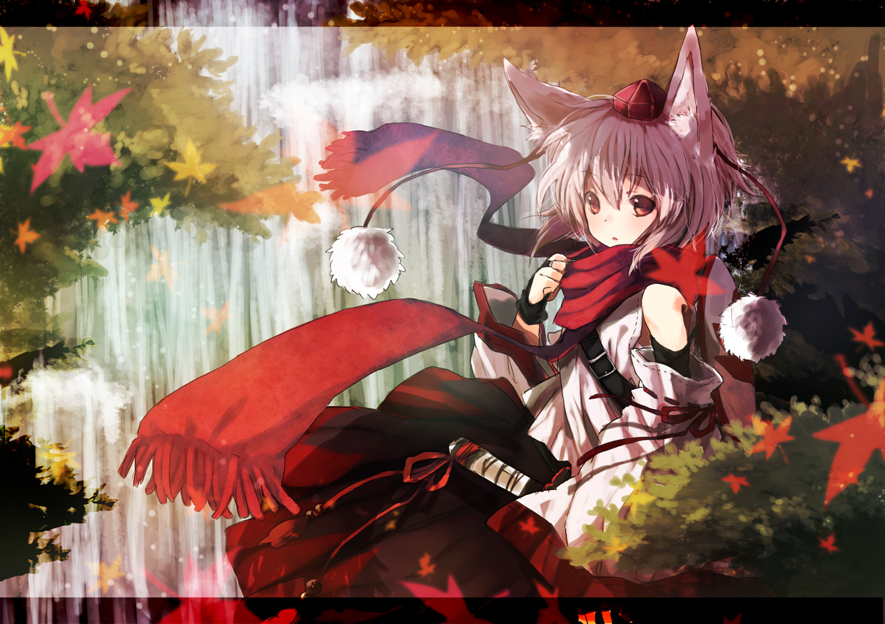 animal_ears, hat, inubashiri_momiji, miya_(tsumazukanai), red_eyes, scarf, short_hair, touhou, water, waterfall, white_hair, wolfgirl