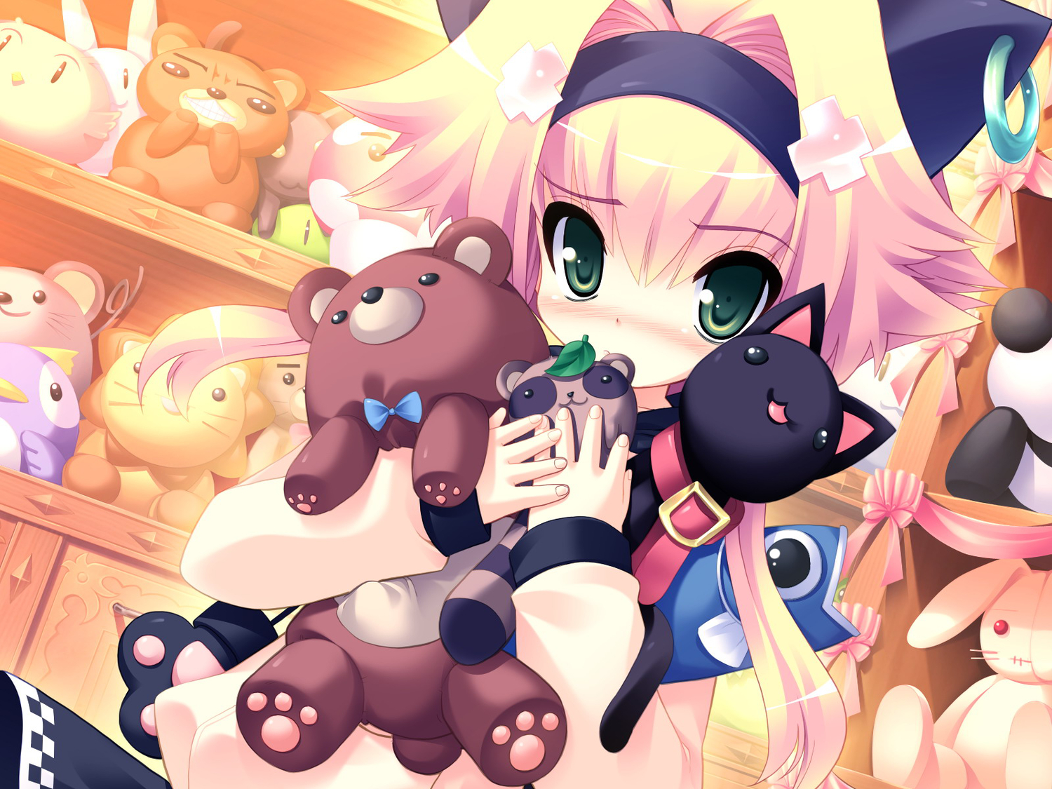 animal, animal_ears, blonde_hair, blush, cat, game_cg, green_eyes, loli, primary_~magical_trouble_scramble~, prim_rina_oaklane, skyfish, teddy_bear, tsurugi_hagane