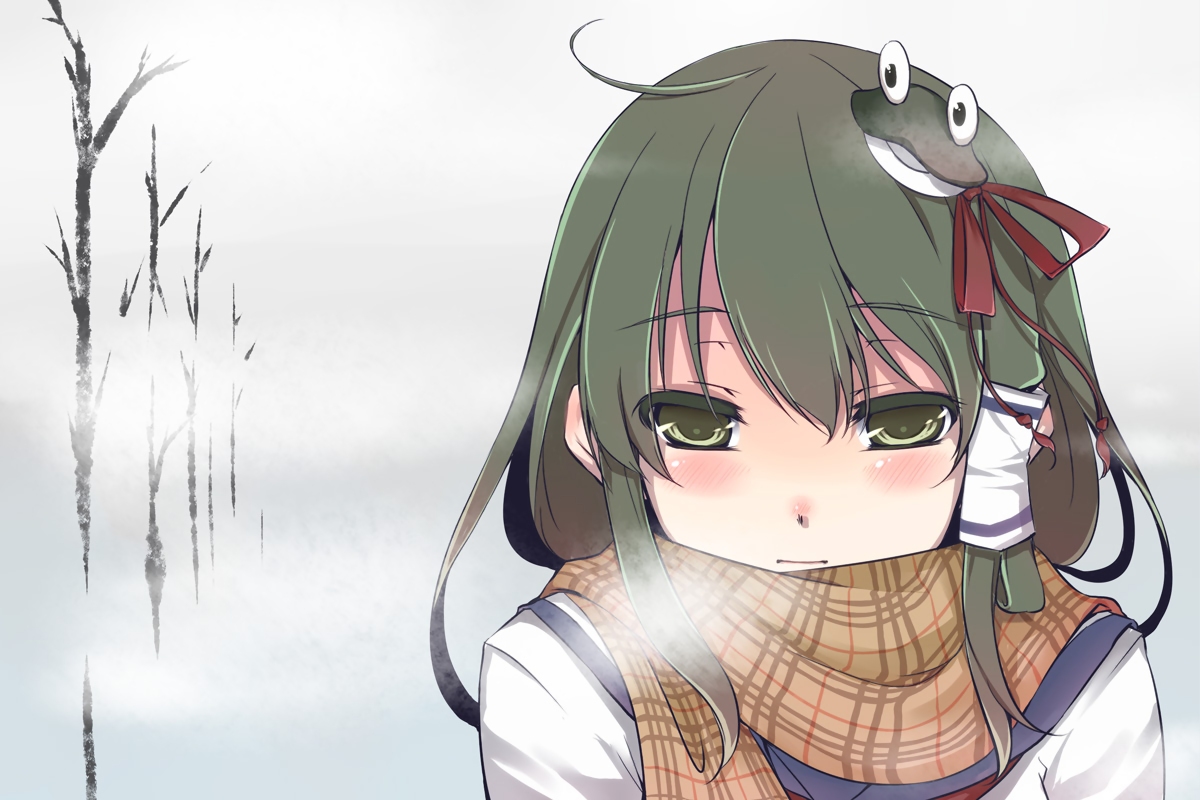 blush, green_eyes, green_hair, hirase_yuu, kochiya_sanae, long_hair, ribbons, scarf, school_uniform, touhou, tree, white