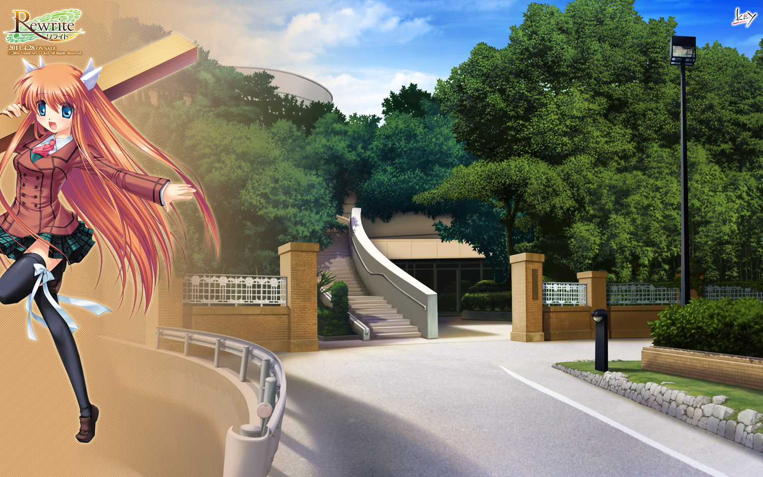blue_eyes, brown_hair, hinoue_itaru, long_hair, ohtori_chihaya, rewrite, school_uniform, thighhighs