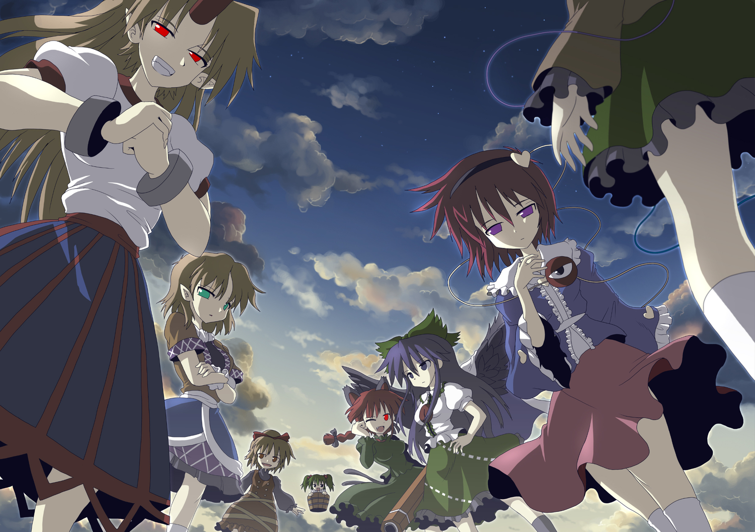animal_ears, catgirl, hoshiguma_yuugi, kaenbyou_rin, kisume, komeiji_koishi, komeiji_satori, kurodani_yamame, kurokarasu, long_hair, mizuhashi_parsee, multiple_tails, pointed_ears, reiuji_utsuho, short_hair, tail, touhou, twintails, wings